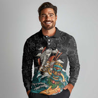 Personalized Japanese Koi Fish Ramen Long Sleeve Polo Shirt Tiki Surfing Wagara Hibiscus Pattern - Wonder Print Shop