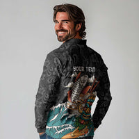 Personalized Japanese Koi Fish Ramen Long Sleeve Polo Shirt Tiki Surfing Wagara Hibiscus Pattern - Wonder Print Shop