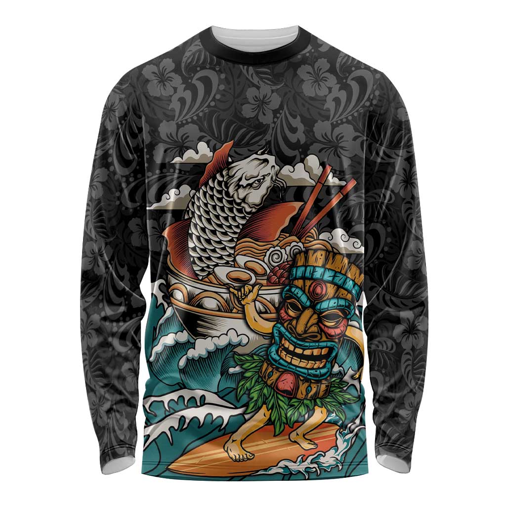 Personalized Japanese Koi Fish Ramen Long Sleeve Shirt Tiki Surfing Wagara Hibiscus Pattern - Wonder Print Shop