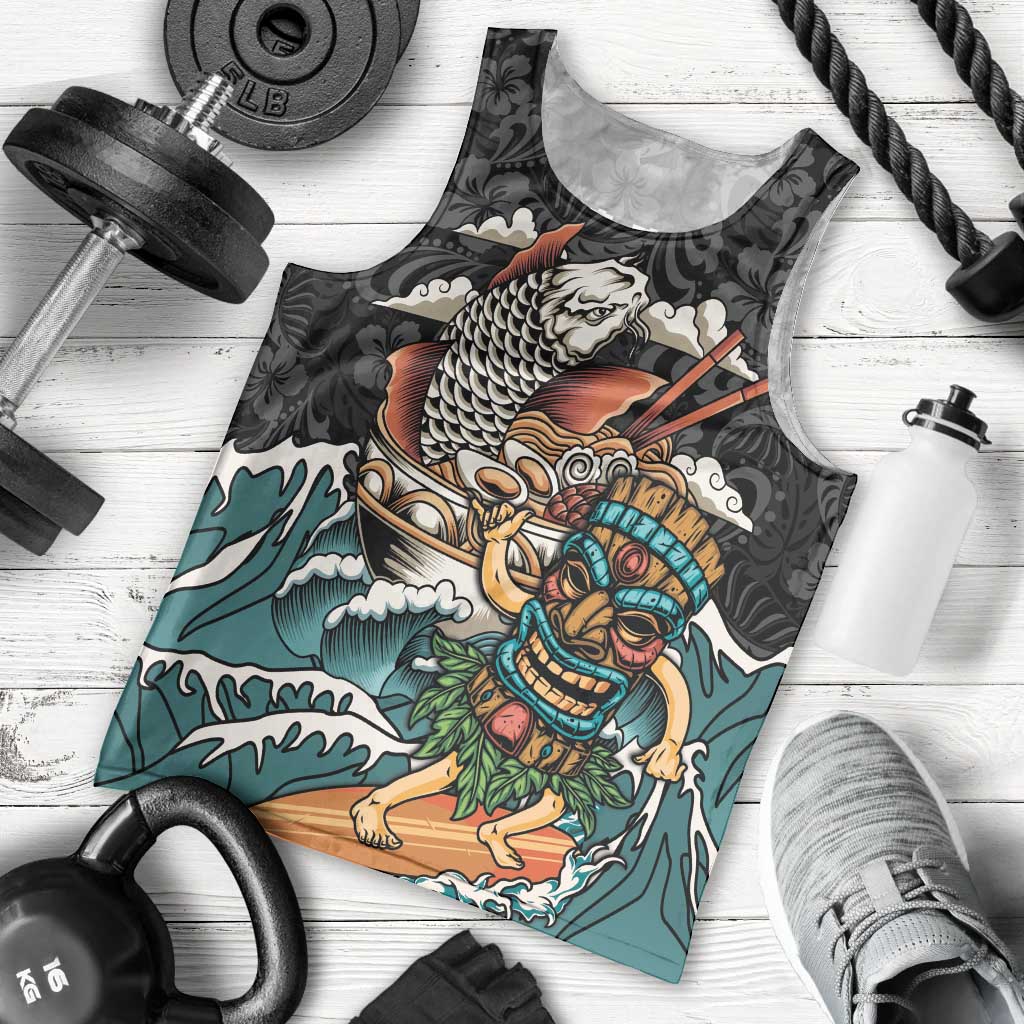 Personalized Japanese Koi Fish Ramen Men Tank Top Tiki Surfing Wagara Hibiscus Pattern - Wonder Print Shop