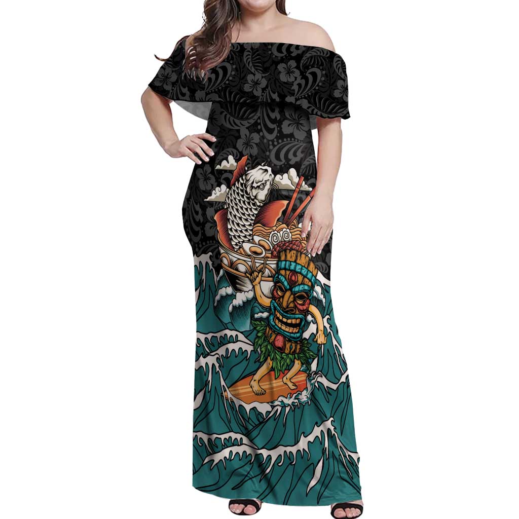 Personalized Japanese Koi Fish Ramen Off Shoulder Maxi Dress Tiki Surfing Wagara Hibiscus Pattern - Wonder Print Shop