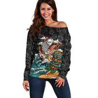 Personalized Japanese Koi Fish Ramen Off Shoulder Sweater Tiki Surfing Wagara Hibiscus Pattern - Wonder Print Shop