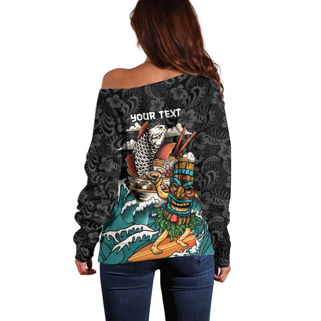 Personalized Japanese Koi Fish Ramen Off Shoulder Sweater Tiki Surfing Wagara Hibiscus Pattern - Wonder Print Shop