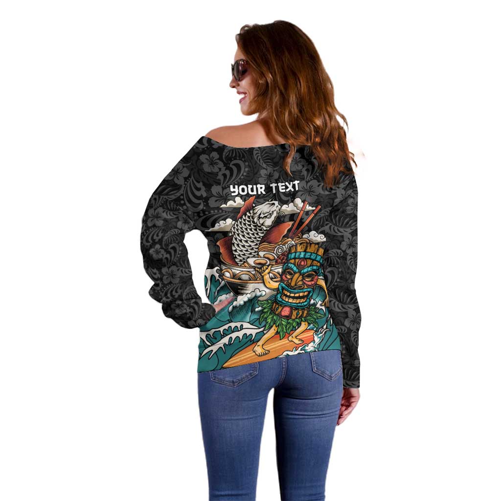 Personalized Japanese Koi Fish Ramen Off Shoulder Sweater Tiki Surfing Wagara Hibiscus Pattern - Wonder Print Shop