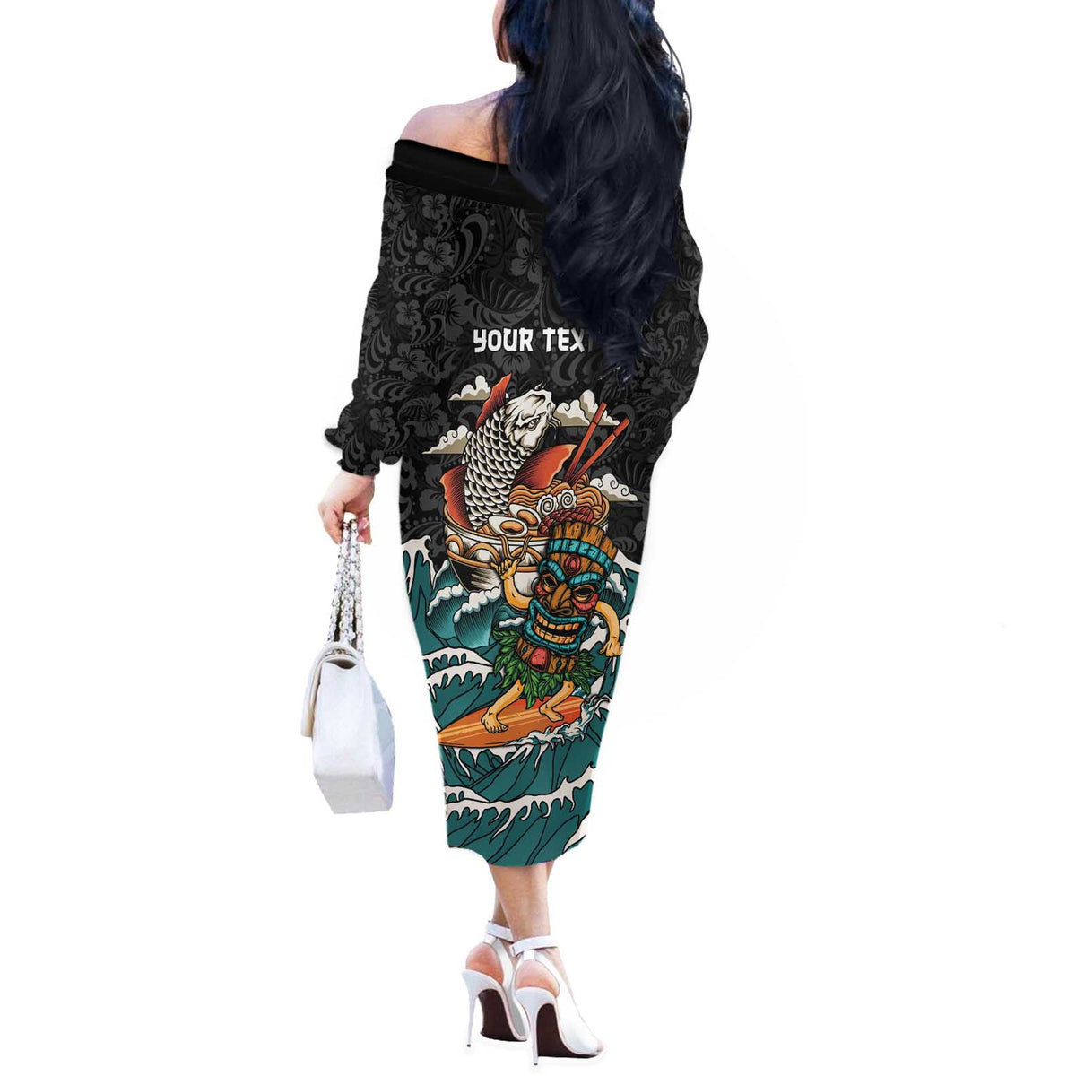 Personalized Japanese Koi Fish Ramen Off The Shoulder Long Sleeve Dress Tiki Surfing Wagara Hibiscus Pattern - Wonder Print Shop