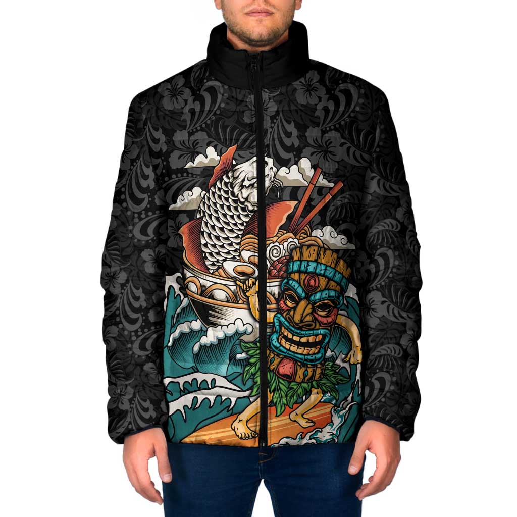 Personalized Japanese Koi Fish Ramen Padded Jacket Tiki Surfing Wagara Hibiscus Pattern - Wonder Print Shop