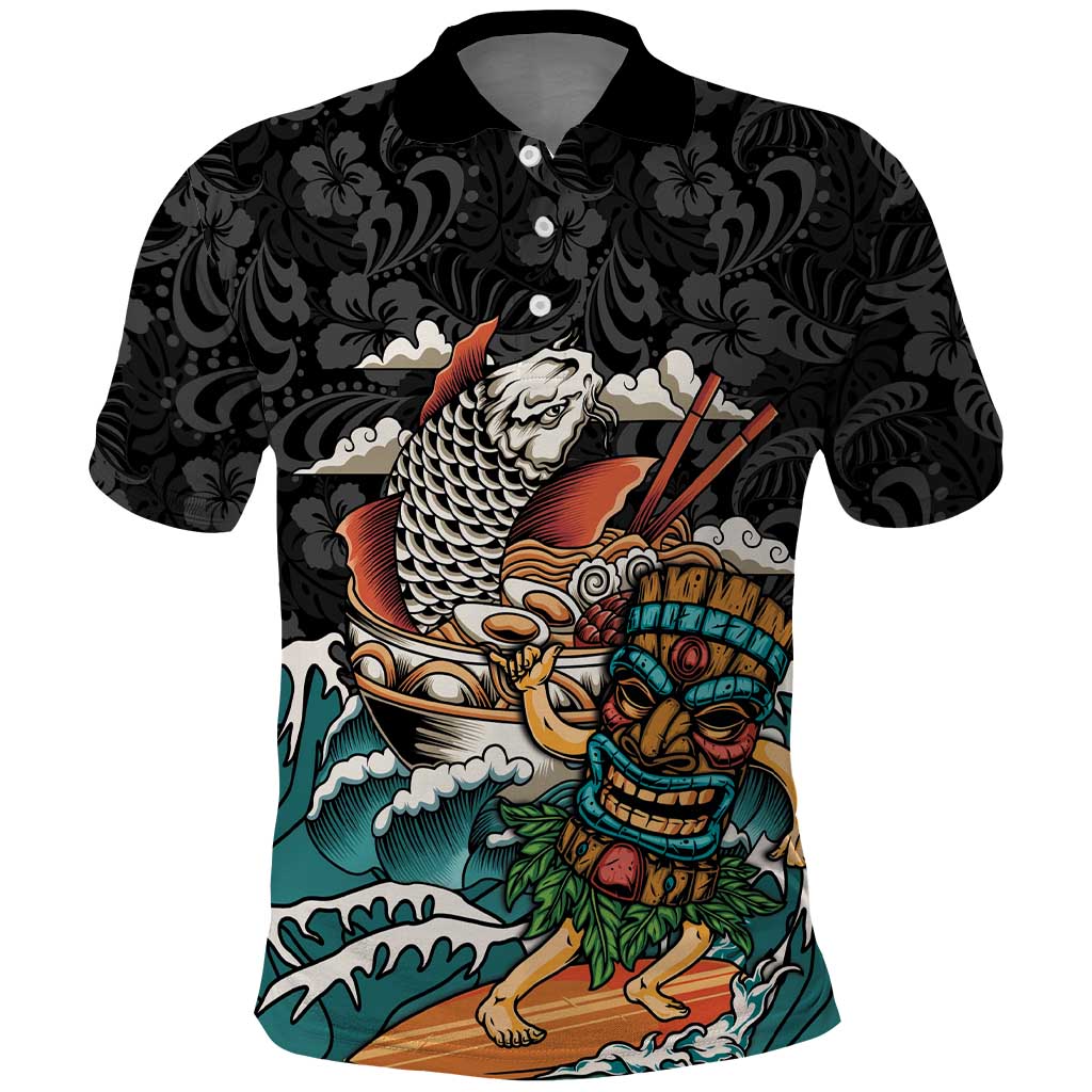Personalized Japanese Koi Fish Ramen Polo Shirt Tiki Surfing Wagara Hibiscus Pattern - Wonder Print Shop