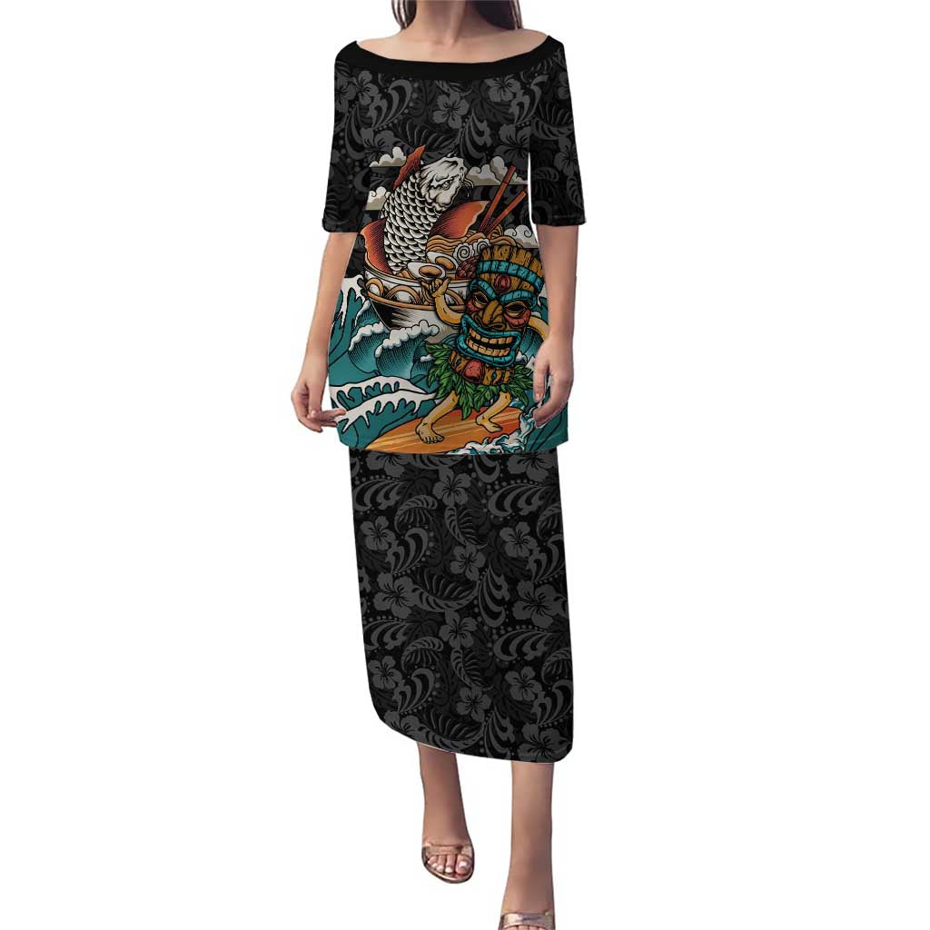 Personalized Japanese Koi Fish Ramen Puletasi Tiki Surfing Wagara Hibiscus Pattern - Wonder Print Shop