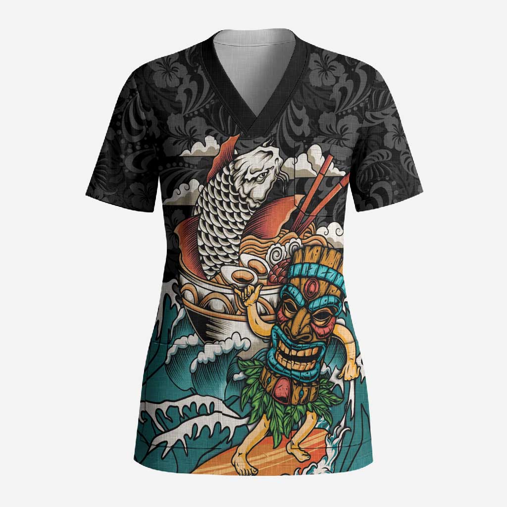 Personalized Japanese Koi Fish Ramen Scrub Top Tiki Surfing Wagara Hibiscus Pattern - Wonder Print Shop