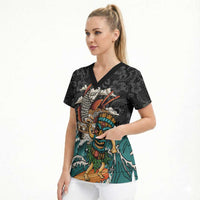 Personalized Japanese Koi Fish Ramen Scrub Top Tiki Surfing Wagara Hibiscus Pattern - Wonder Print Shop