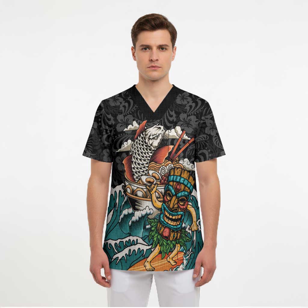 Personalized Japanese Koi Fish Ramen Scrub Top Tiki Surfing Wagara Hibiscus Pattern - Wonder Print Shop