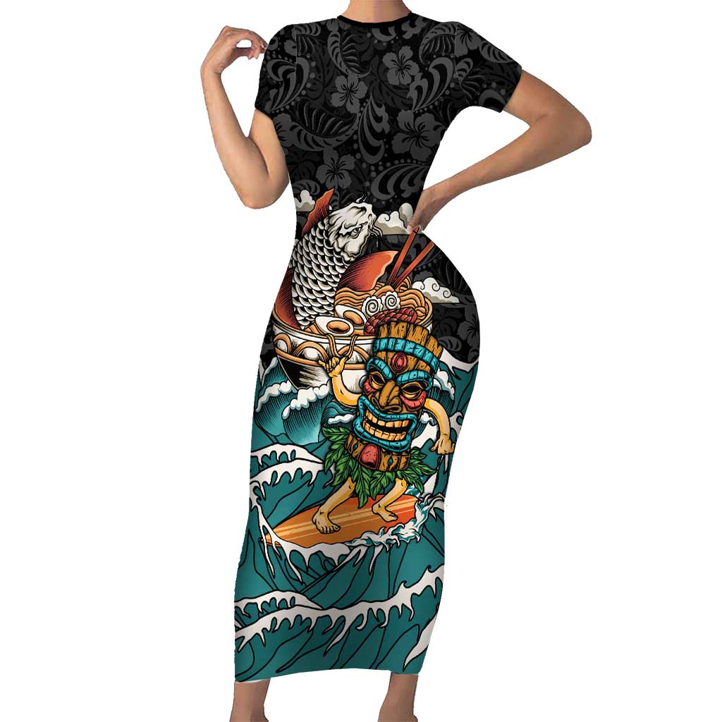 Personalized Japanese Koi Fish Ramen Short Sleeve Bodycon Dress Tiki Surfing Wagara Hibiscus Pattern - Wonder Print Shop