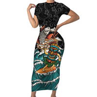 Personalized Japanese Koi Fish Ramen Short Sleeve Bodycon Dress Tiki Surfing Wagara Hibiscus Pattern - Wonder Print Shop