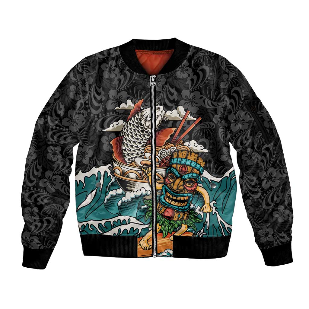 Personalized Japanese Koi Fish Ramen Sleeve Zip Bomber Jacket Tiki Surfing Wagara Hibiscus Pattern - Wonder Print Shop