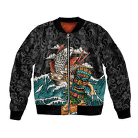 Personalized Japanese Koi Fish Ramen Sleeve Zip Bomber Jacket Tiki Surfing Wagara Hibiscus Pattern - Wonder Print Shop