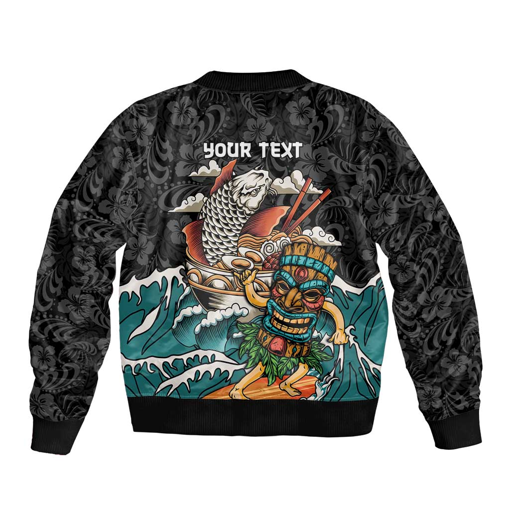 Personalized Japanese Koi Fish Ramen Sleeve Zip Bomber Jacket Tiki Surfing Wagara Hibiscus Pattern - Wonder Print Shop