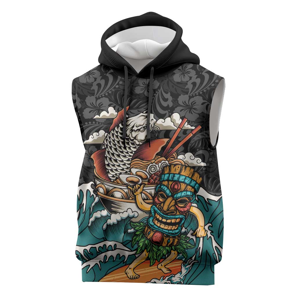 Personalized Japanese Koi Fish Ramen Sleeveless Hoodie Tiki Surfing Wagara Hibiscus Pattern - Wonder Print Shop