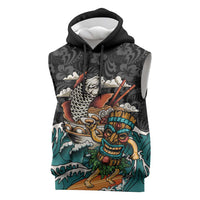 Personalized Japanese Koi Fish Ramen Sleeveless Hoodie Tiki Surfing Wagara Hibiscus Pattern - Wonder Print Shop
