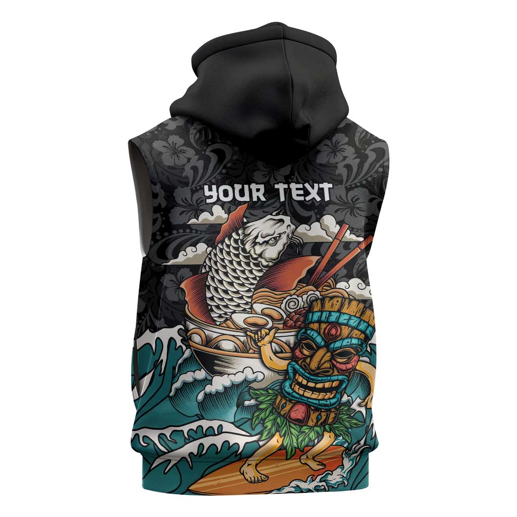 Personalized Japanese Koi Fish Ramen Sleeveless Hoodie Tiki Surfing Wagara Hibiscus Pattern - Wonder Print Shop