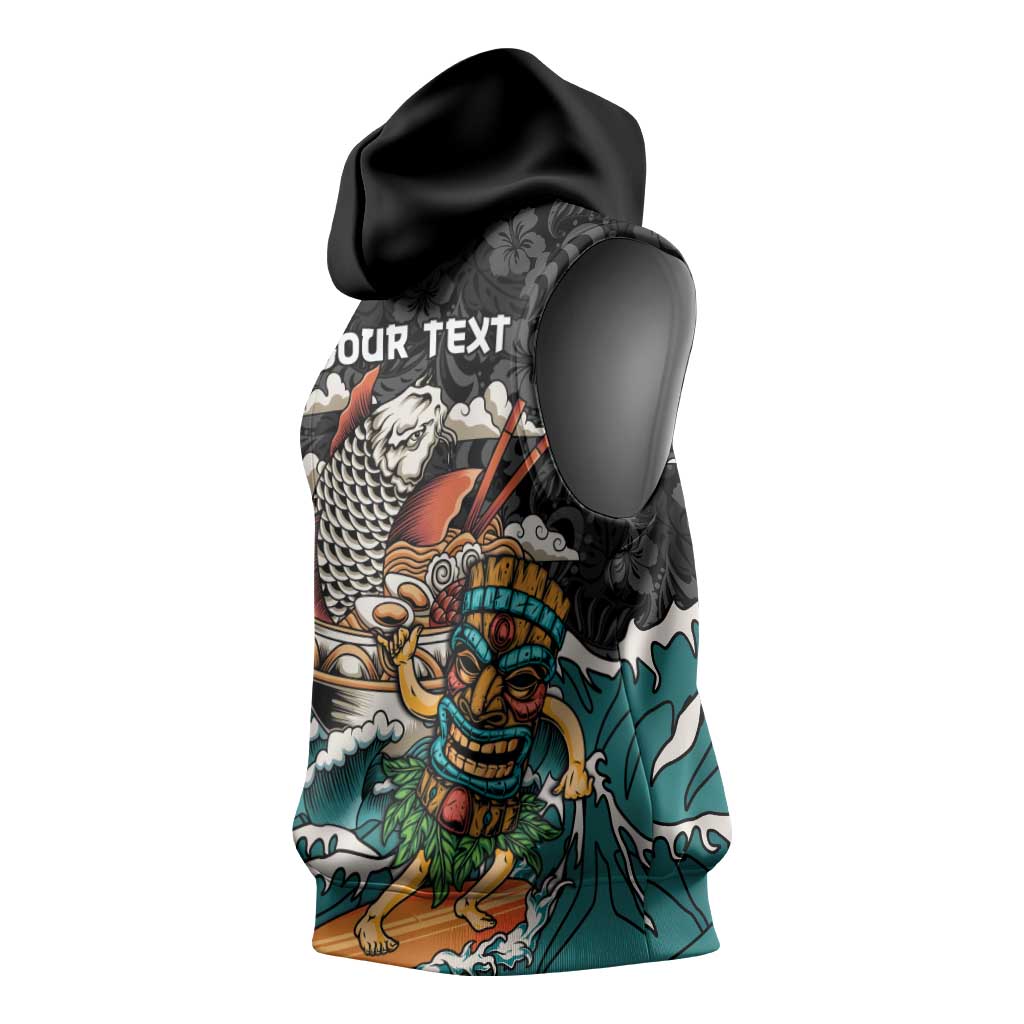 Personalized Japanese Koi Fish Ramen Sleeveless Hoodie Tiki Surfing Wagara Hibiscus Pattern - Wonder Print Shop
