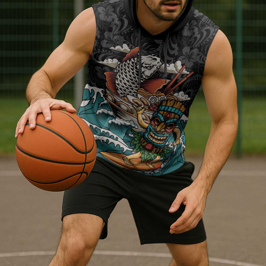 Personalized Japanese Koi Fish Ramen Sleeveless Hoodie Tiki Surfing Wagara Hibiscus Pattern - Wonder Print Shop