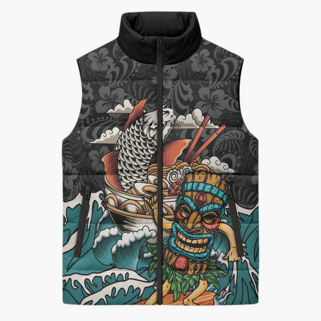 Personalized Japanese Koi Fish Ramen Sleeveless Puffer Jacket Tiki Surfing Wagara Hibiscus Pattern - Wonder Print Shop
