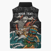 Personalized Japanese Koi Fish Ramen Sleeveless Puffer Jacket Tiki Surfing Wagara Hibiscus Pattern - Wonder Print Shop
