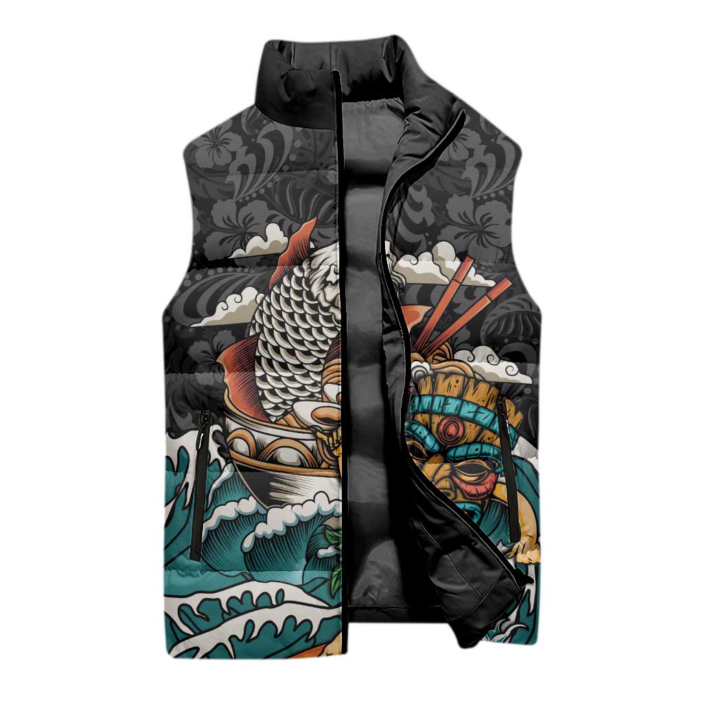Personalized Japanese Koi Fish Ramen Sleeveless Puffer Jacket Tiki Surfing Wagara Hibiscus Pattern - Wonder Print Shop