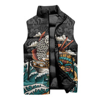 Personalized Japanese Koi Fish Ramen Sleeveless Puffer Jacket Tiki Surfing Wagara Hibiscus Pattern - Wonder Print Shop