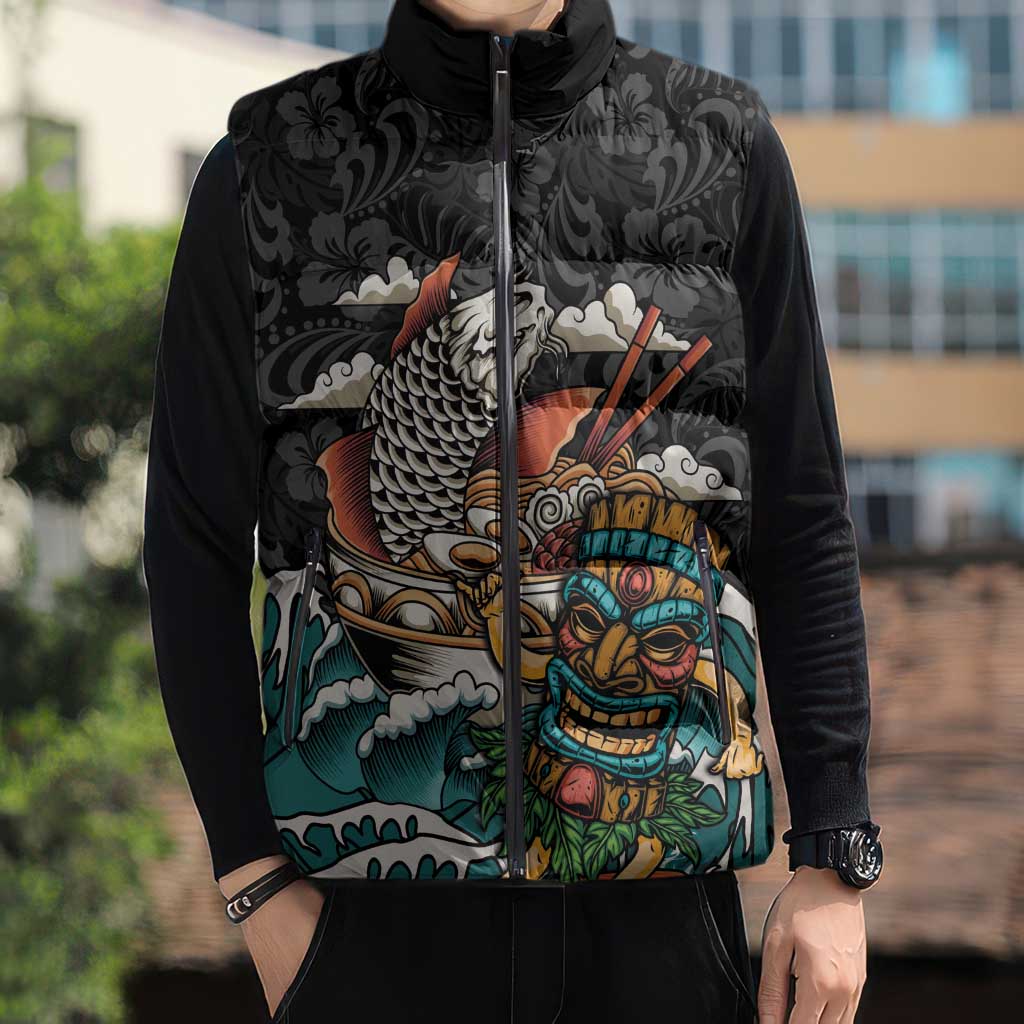 Personalized Japanese Koi Fish Ramen Sleeveless Puffer Jacket Tiki Surfing Wagara Hibiscus Pattern - Wonder Print Shop