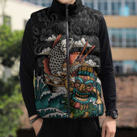 Personalized Japanese Koi Fish Ramen Sleeveless Puffer Jacket Tiki Surfing Wagara Hibiscus Pattern - Wonder Print Shop