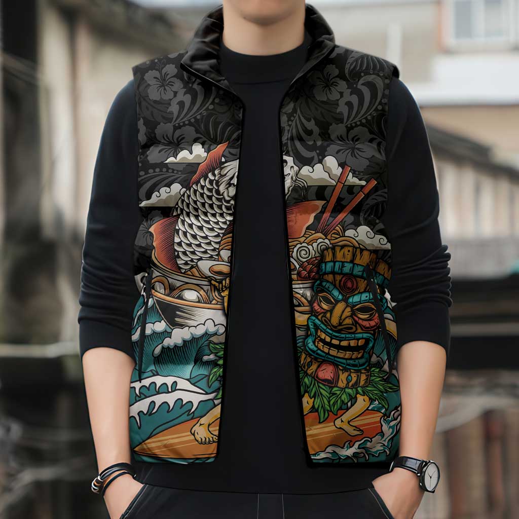 Personalized Japanese Koi Fish Ramen Sleeveless Puffer Jacket Tiki Surfing Wagara Hibiscus Pattern - Wonder Print Shop