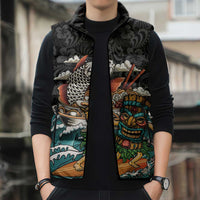 Personalized Japanese Koi Fish Ramen Sleeveless Puffer Jacket Tiki Surfing Wagara Hibiscus Pattern - Wonder Print Shop