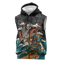 Personalized Japanese Koi Fish Ramen Sleeveless Zip Hoodie Tiki Surfing Wagara Hibiscus Pattern - Wonder Print Shop
