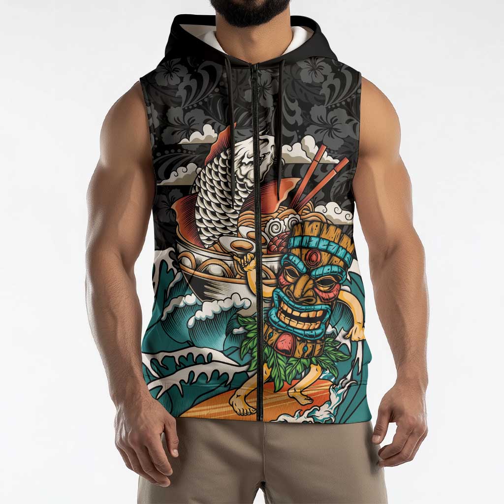Personalized Japanese Koi Fish Ramen Sleeveless Zip Hoodie Tiki Surfing Wagara Hibiscus Pattern - Wonder Print Shop