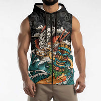 Personalized Japanese Koi Fish Ramen Sleeveless Zip Hoodie Tiki Surfing Wagara Hibiscus Pattern - Wonder Print Shop