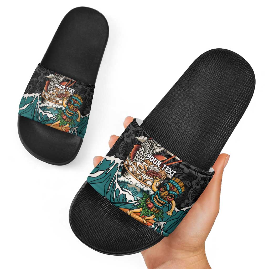 Personalized Japanese Koi Fish Ramen Slide Sandals Tiki Surfing Wagara Hibiscus Pattern - Wonder Print Shop