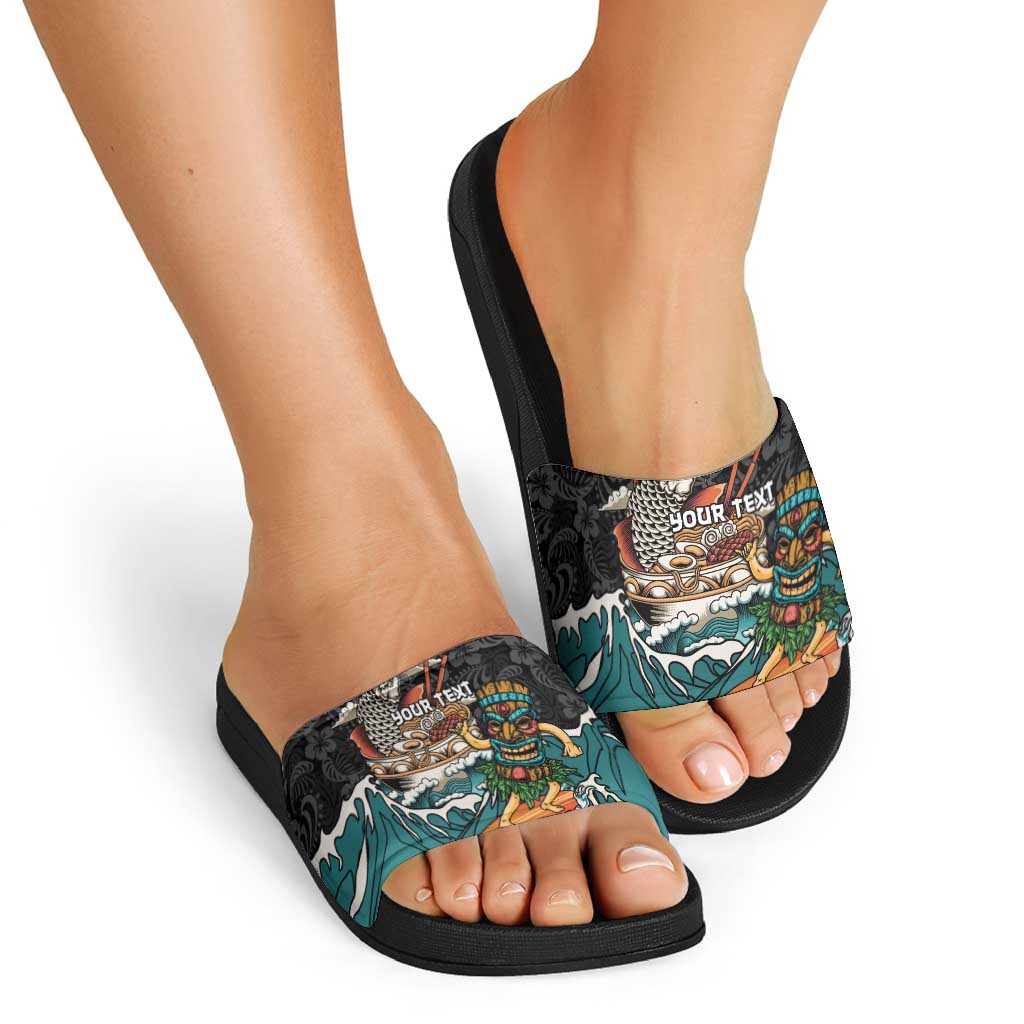 Personalized Japanese Koi Fish Ramen Slide Sandals Tiki Surfing Wagara Hibiscus Pattern - Wonder Print Shop
