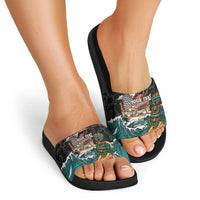 Personalized Japanese Koi Fish Ramen Slide Sandals Tiki Surfing Wagara Hibiscus Pattern - Wonder Print Shop