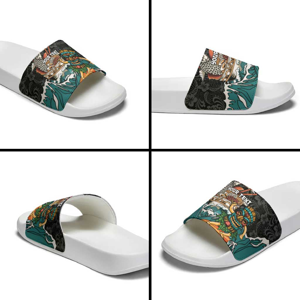 Personalized Japanese Koi Fish Ramen Slide Sandals Tiki Surfing Wagara Hibiscus Pattern - Wonder Print Shop