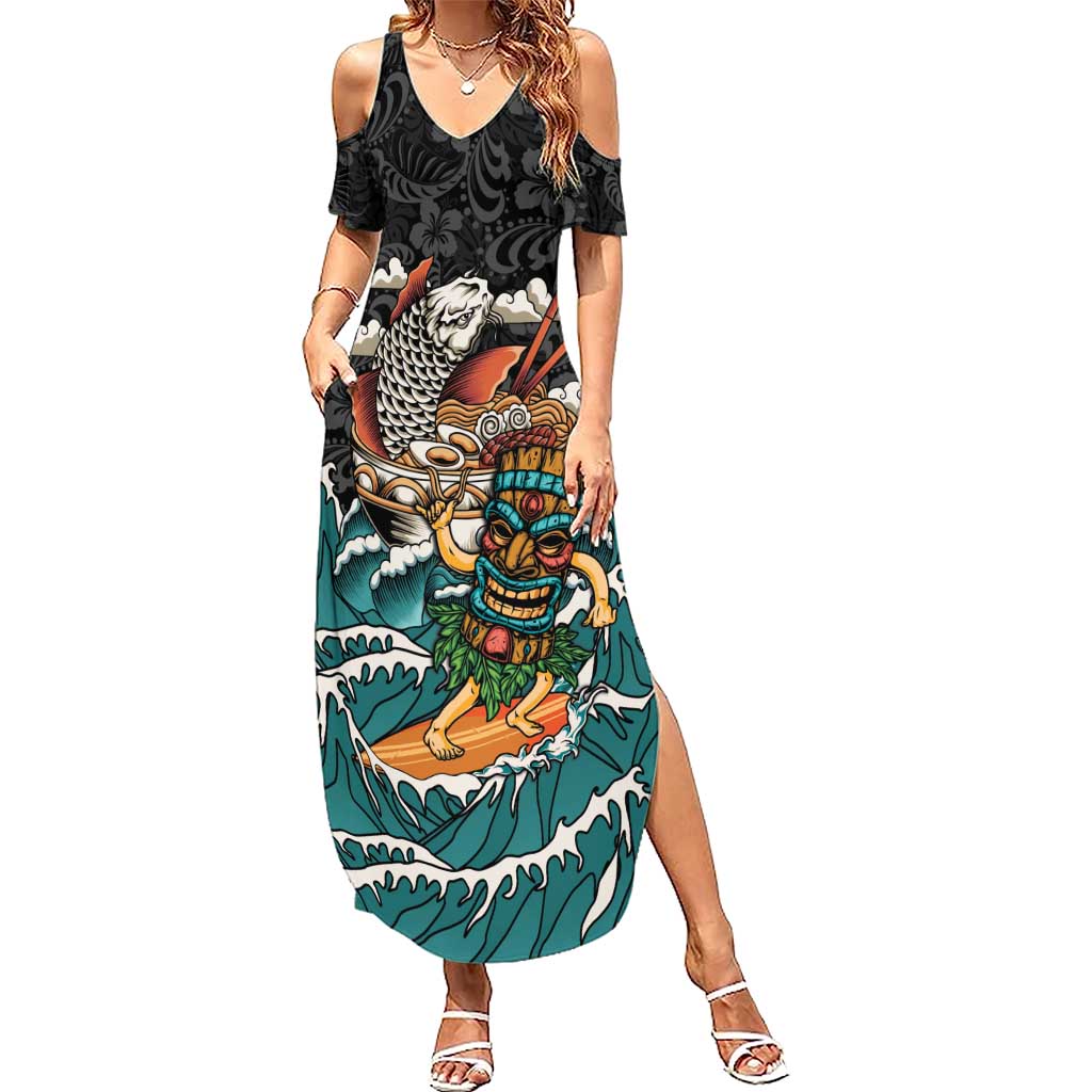 Personalized Japanese Koi Fish Ramen Summer Maxi Dress Tiki Surfing Wagara Hibiscus Pattern - Wonder Print Shop
