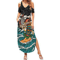 Personalized Japanese Koi Fish Ramen Summer Maxi Dress Tiki Surfing Wagara Hibiscus Pattern - Wonder Print Shop
