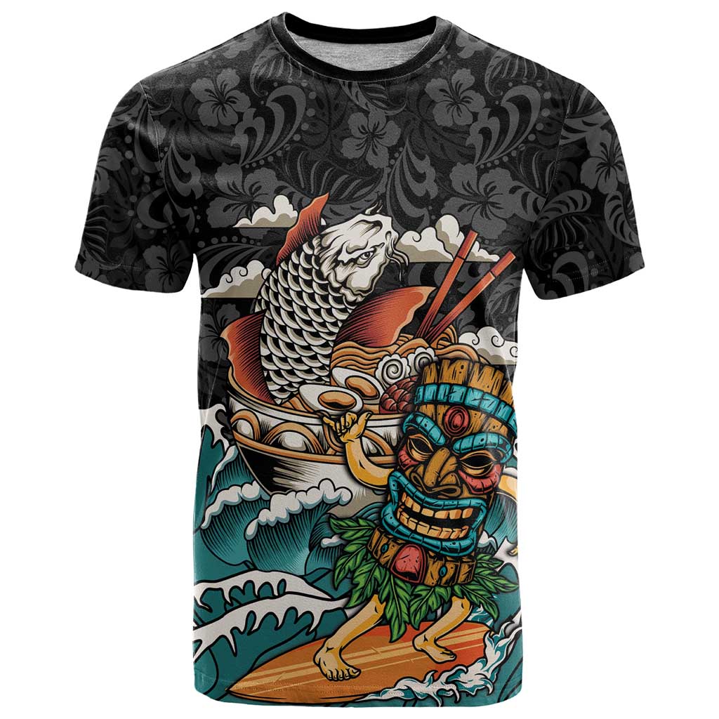 Personalized Japanese Koi Fish Ramen T Shirt Tiki Surfing Wagara Hibiscus Pattern - Wonder Print Shop
