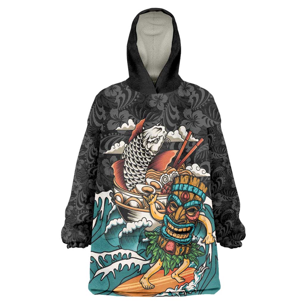 Personalized Japanese Koi Fish Ramen Wearable Blanket Hoodie Tiki Surfing Wagara Hibiscus Pattern - Wonder Print Shop