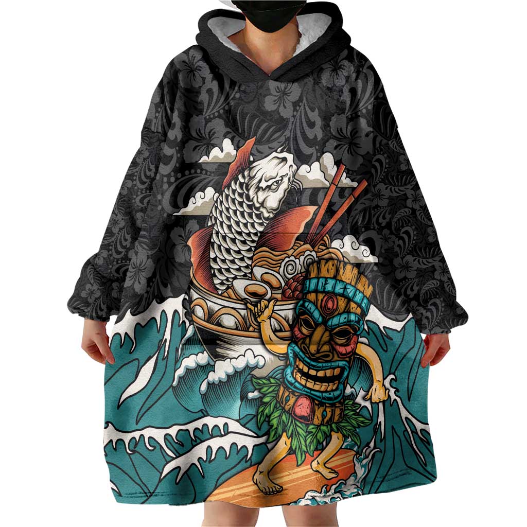 Personalized Japanese Koi Fish Ramen Wearable Blanket Hoodie Tiki Surfing Wagara Hibiscus Pattern - Wonder Print Shop