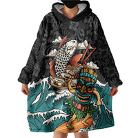 Personalized Japanese Koi Fish Ramen Wearable Blanket Hoodie Tiki Surfing Wagara Hibiscus Pattern - Wonder Print Shop