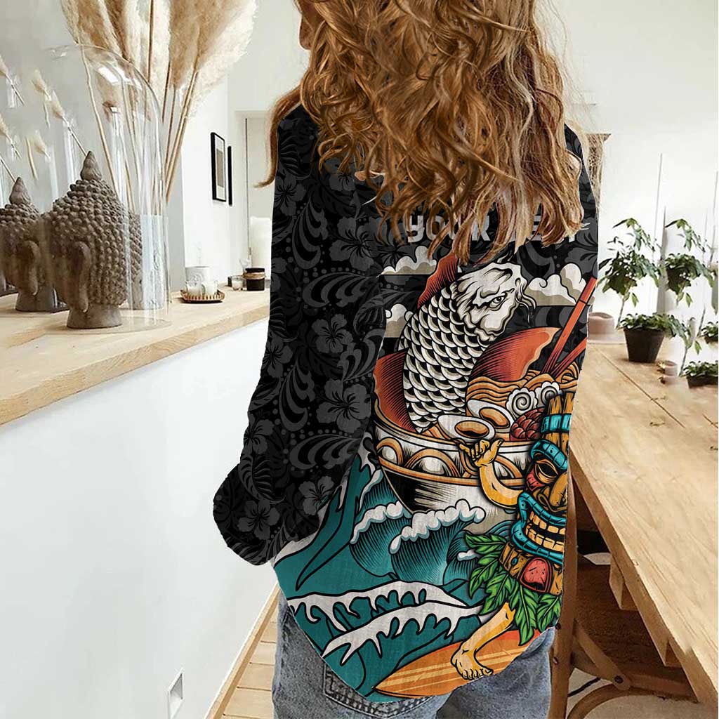 Personalized Japanese Koi Fish Ramen Women Casual Shirt Tiki Surfing Wagara Hibiscus Pattern - Wonder Print Shop