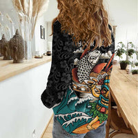 Personalized Japanese Koi Fish Ramen Women Casual Shirt Tiki Surfing Wagara Hibiscus Pattern - Wonder Print Shop