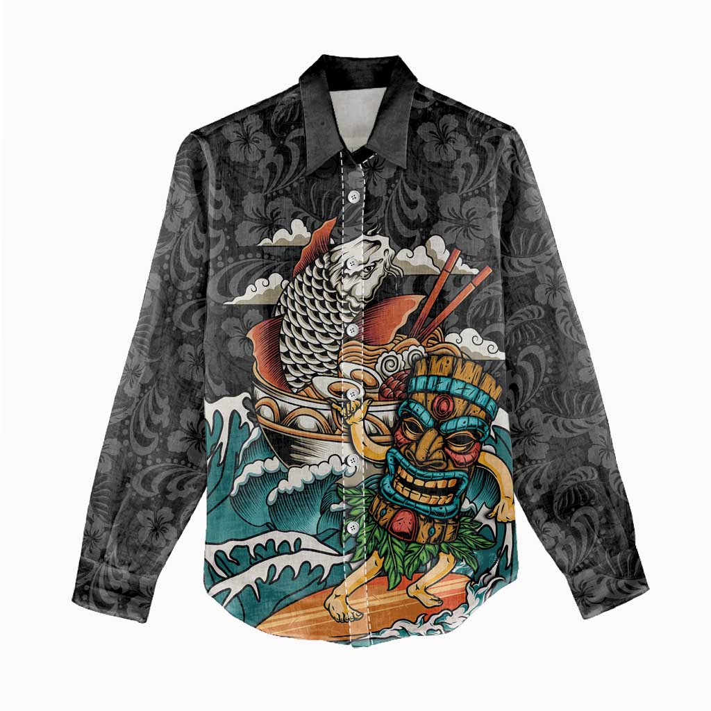 Personalized Japanese Koi Fish Ramen Women Casual Shirt Tiki Surfing Wagara Hibiscus Pattern - Wonder Print Shop