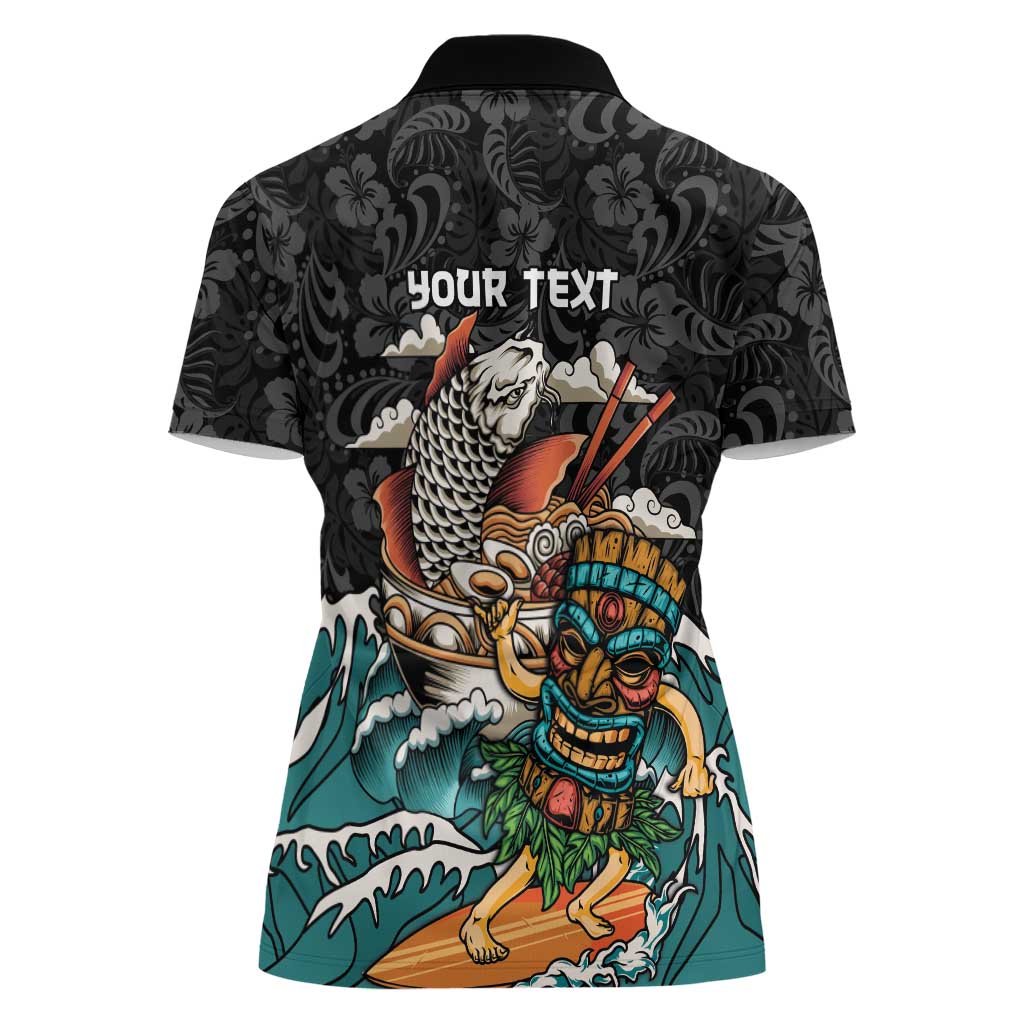 Personalized Japanese Koi Fish Ramen Women Polo Shirt Tiki Surfing Wagara Hibiscus Pattern - Wonder Print Shop